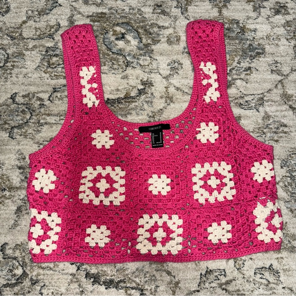 Forever 21 Pink and White Crochet Crop Top